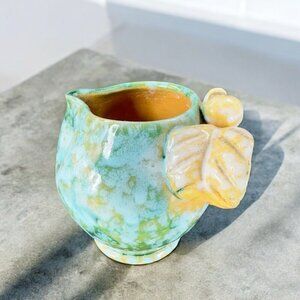 Vintage Hand Made Italian Pottery Small Pitcher Creamer Made Italy Leaf Handle
